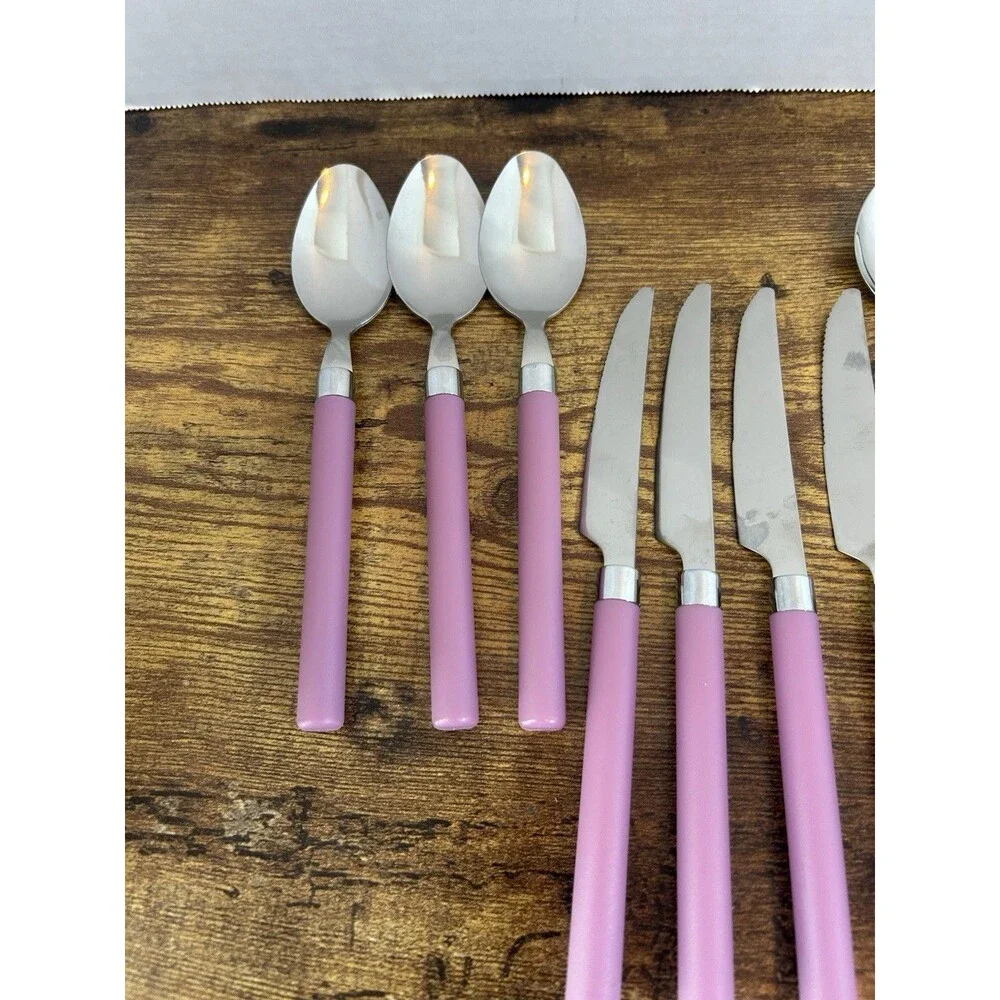 Vintage Style 15Pc Pink Flatware Set 1810 Stainless Steel Retro Mauve Handle Set